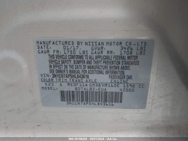 Nissan Versa 1.6 Sv 2017 3N1CN7AP5HL843616 Image 9