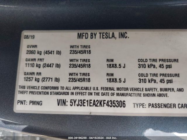 5YJ3E1EA2KF435306 Tesla Model 3 Long Range/mid Range/standard Range/standard Range Plus