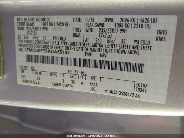 Ford ESCAPE S 2019 1FMCU0F70KUA55142 Image 9