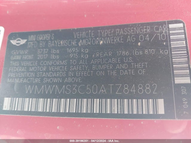2010 MINI COOPER S WMWMS3C50ATZ84882 Photo 8