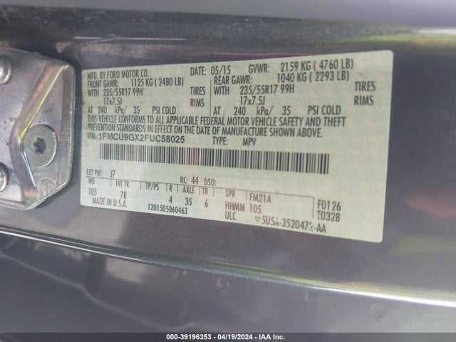 Ford ESCAPE SE 2015 1FMCU9GX2FUC58025 Image 9