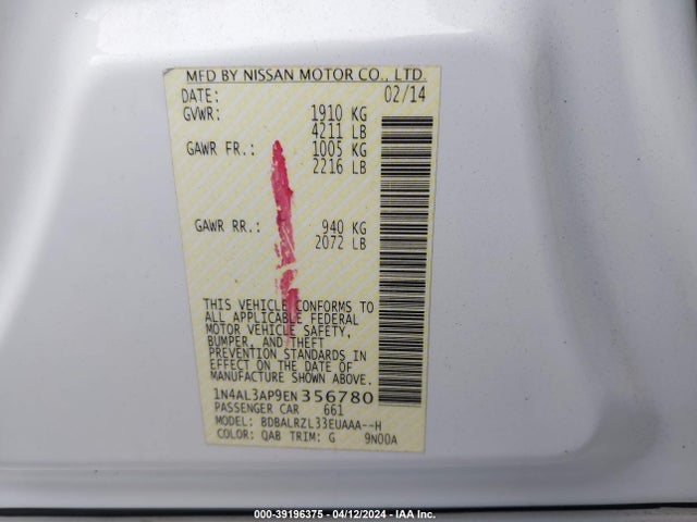 Nissan Altima 2.5 S 2014 1N4AL3AP9EN356780 Image 9