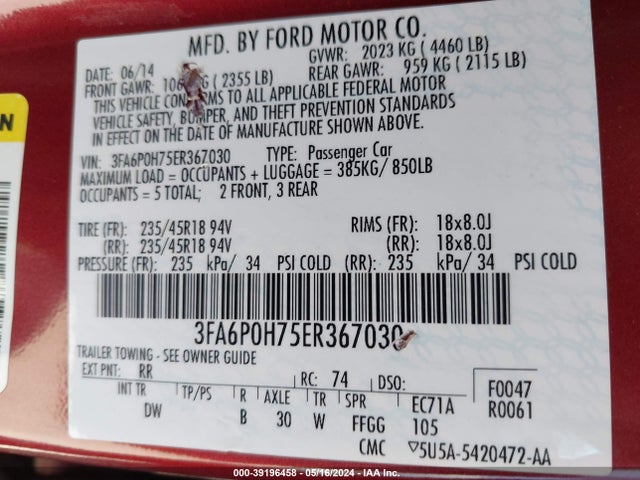 Ford FUSION SE 2014 3FA6P0H75ER367030 Image 9