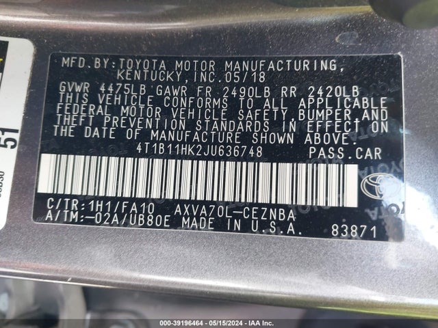 Toyota CAMRY LE 2018 4T1B11HK2JU636748 Image 9