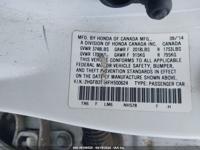 Honda Civic Lx 2015 2HGFB2F54FH500624 Image 9