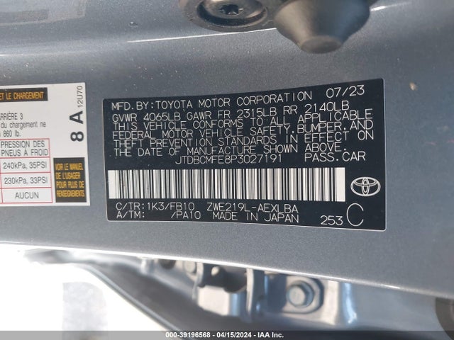Toyota Corolla Hybrid Le 2023 JTDBCMFE8P3027191 Image 9