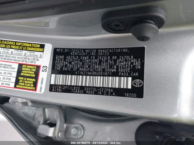 4T1KZ1AK9RU091971 Toyota Camry Xse V6
