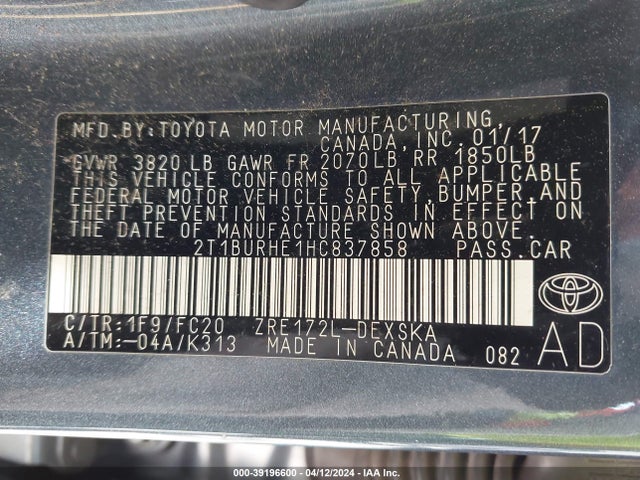 Toyota COROLLA SE 2017 2T1BURHE1HC837858 Image 9
