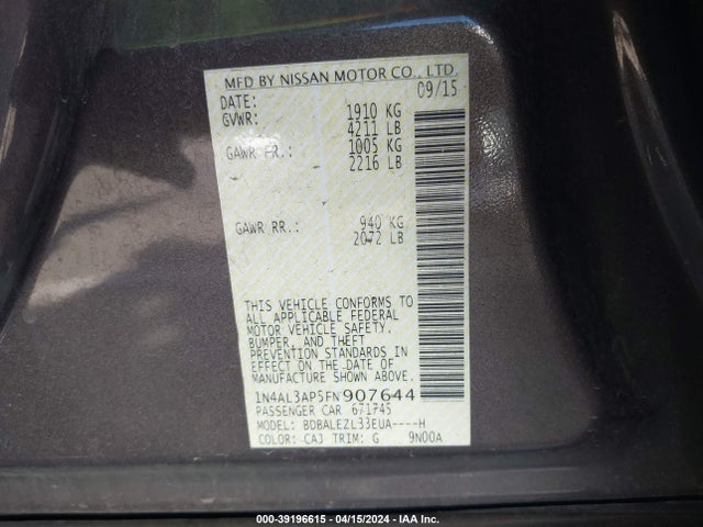 Nissan Altima 2.5 S 2015 1N4AL3AP5FN907644 Image 9