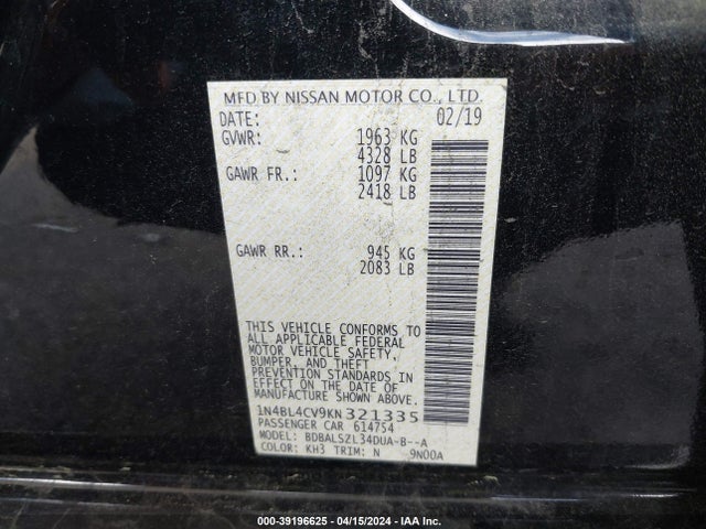 Nissan Altima 2.5 Sr 2019 1N4BL4CV9KN321335 Image 9