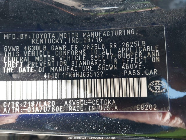 Toyota CAMRY XLE 2017 4T1BF1FK8HU665122 Image 9