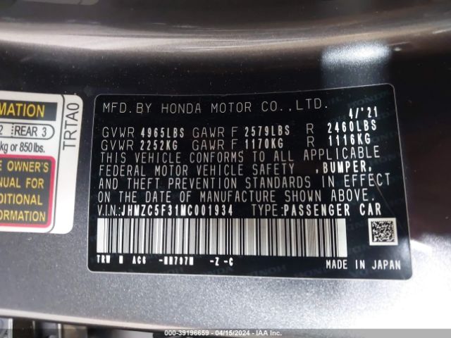 JHMZC5F31MC001934 Honda Clarity Plug-in Hybrid Touring