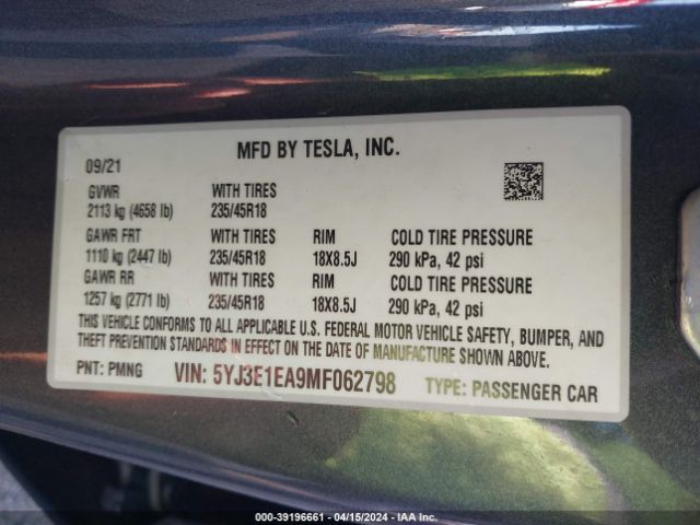 5YJ3E1EA9MF062798 Tesla Model 3 Standard Range Plus Rear-wheel Drive