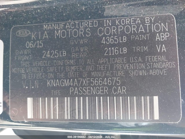 KIA Optima Lx 2015 KNAGM4A7XF5664675 Image 9