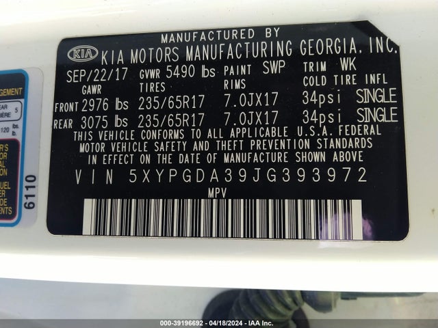 KIA Sorento 2.4l Lx 2018 5XYPGDA39JG393972 Image 9