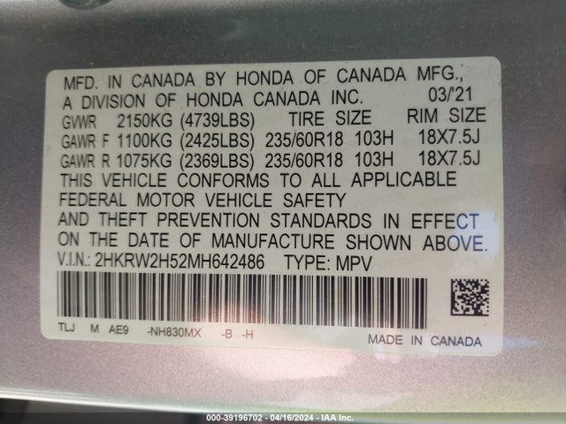 Honda Cr-v Awd Ex 2021 2HKRW2H52MH642486 Image 9