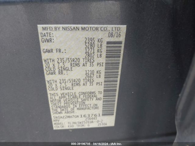 5N1AZ2MH7GN163761 Nissan Murano Platinum