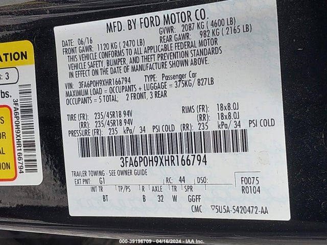 Ford FUSION SE 2017 3FA6P0H9XHR166794 Image 9
