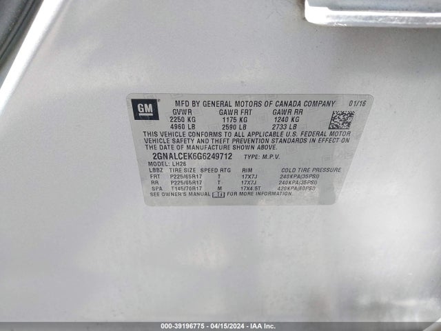 Chevrolet EQUINOX LT 2016 2GNALCEK6G6249712 Image 9