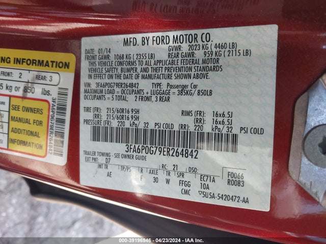 Ford FUSION S 2014 3FA6P0G79ER264842 Image 9