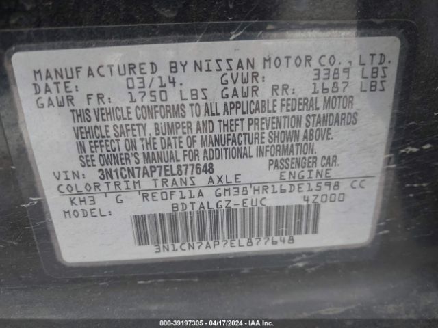 3N1CN7AP7EL877648 Nissan Versa 1.6 Sl