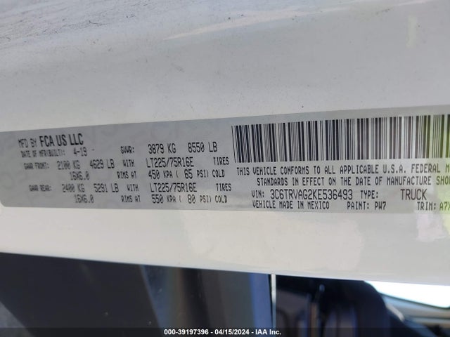 3C6TRVAG2KE536493 RAM Promaster 1500 Low Roof 136 Wb
