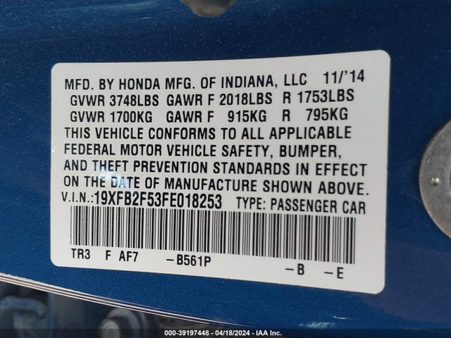 Honda Civic Lx 2015 19XFB2F53FE018253 Image 9