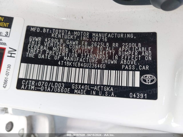 Toyota AVALON XLE 2016 4T1BK1EB4GU236460 Image 9