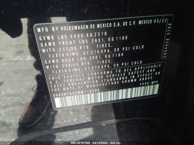 3VV2B7AX2NM118208 Volkswagen Tiguan 2.0t Se