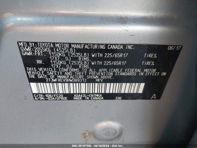 Toyota Rav4 Xle 2017 2T3WFREV9HW389312 Image 9