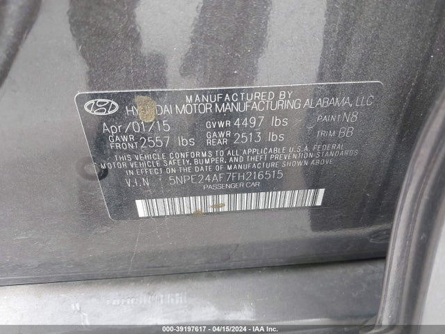 Hyundai SONATA SE 2015 5NPE24AF7FH216515 Image 9