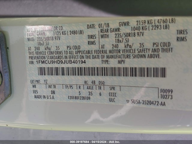 Ford ESCAPE SEL 2018 1FMCU9HD9JUB40194 Image 9