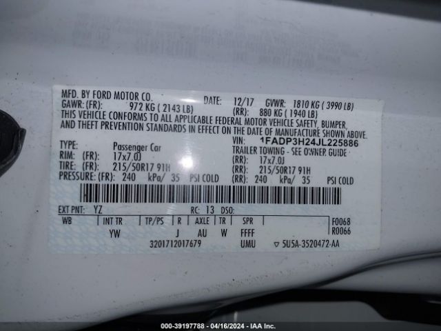 1FADP3H24JL225886 Ford FOCUS SEL