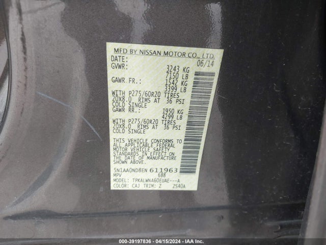 Nissan Armada Platinum/sl/sv 2014 5N1AA0ND8EN611963 Image 9