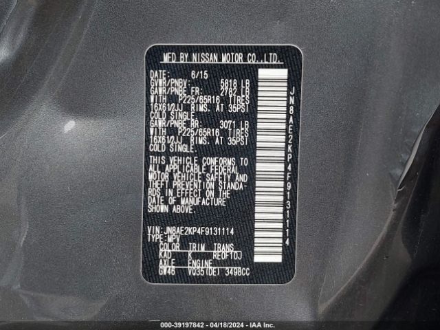 JN8AE2KP4F9131114 Nissan Quest Platinum/s/sl/sv