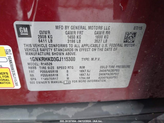 Chevrolet Traverse 2lt 2016 1GNKRHKD3GJ115300 Image 9