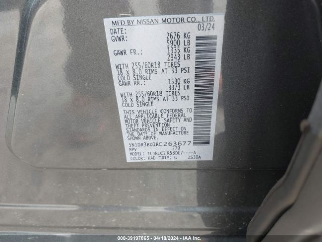 5N1DR3BD1RC263677 Nissan Pathfinder Sv 4wd