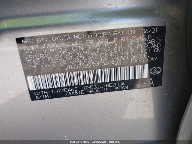 JTHGZ1B27M5045923 Lexus Is 350 F Sport