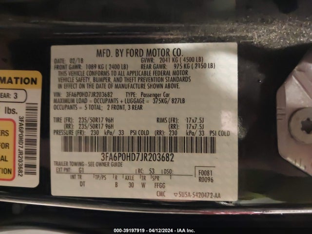 Ford FUSION SE 2018 3FA6P0HD7JR203682 Image 9