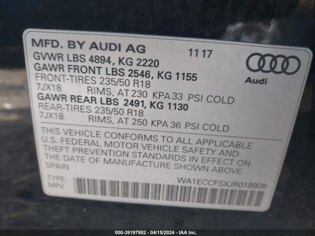 WA1ECCFSXJR018908 Audi Q3 2.0t Premium/2.0t Sport Premium