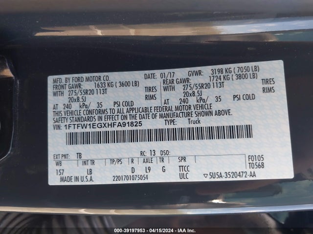Ford F-150 Lariat 2017 1FTFW1EGXHFA91825 Image 9