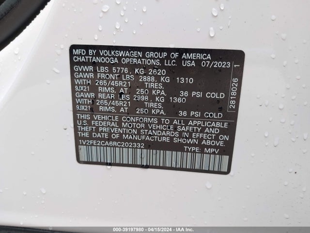 1V2FE2CA6RC202332 Volkswagen Atlas Cross Sport 2.0t Sel Premium R-line