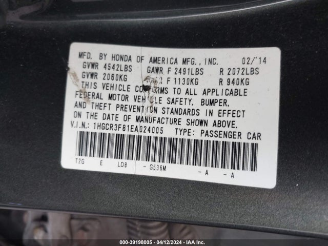Honda Accord Ex-l V-6 2014 1HGCR3F81EA024005 Image 9