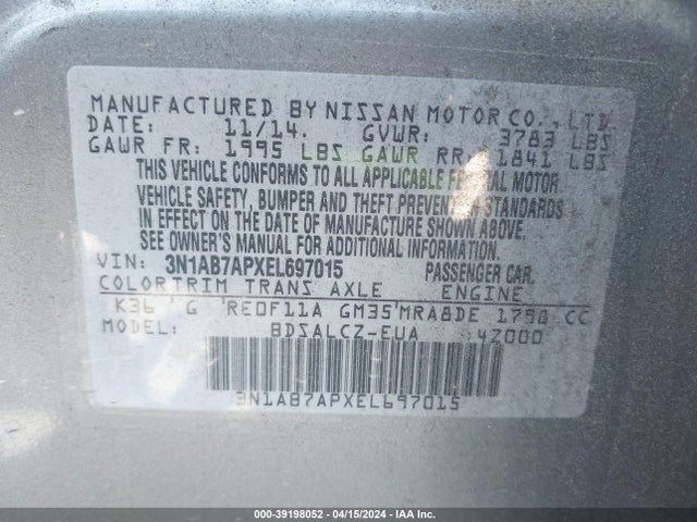 Nissan SENTRA S 2014 3N1AB7APXEL697015 Image 9