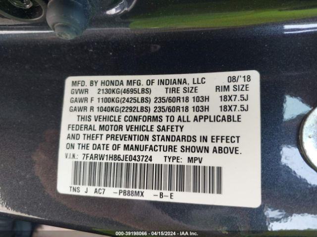 7FARW1H86JE043724 Honda Cr-v Ex-l/ex-l Navi