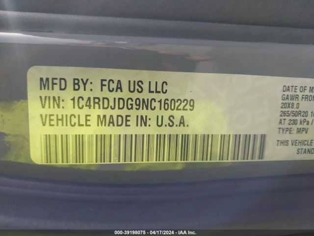 1C4RDJDG9NC160229 Dodge Durango Gt Plus Awd