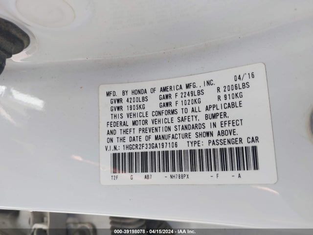 Honda ACCORD LX 2016 1HGCR2F33GA197106 Image 9