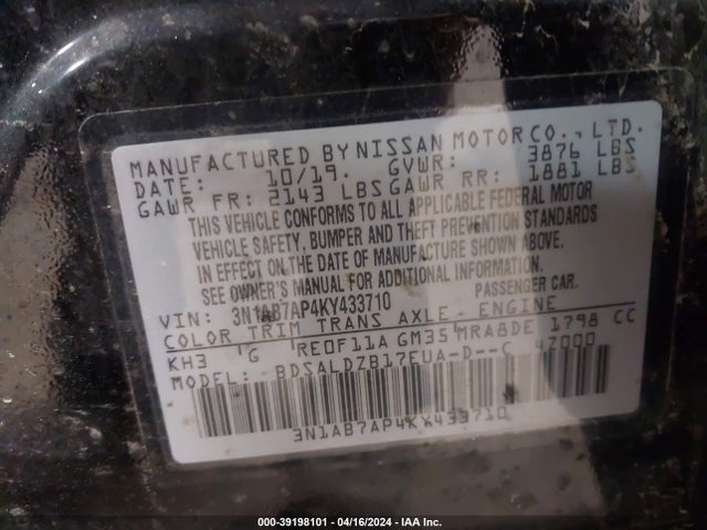 Nissan SENTRA SV 2019 3N1AB7AP4KY433710 Image 9