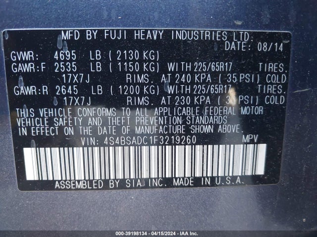 Subaru Outback 2.5i Premium 2015 4S4BSADC1F3219260 Image 9