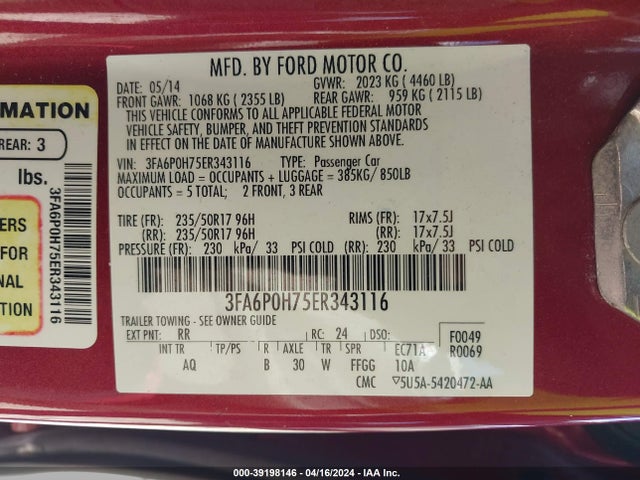 Ford FUSION SE 2014 3FA6P0H75ER343116 Image 9